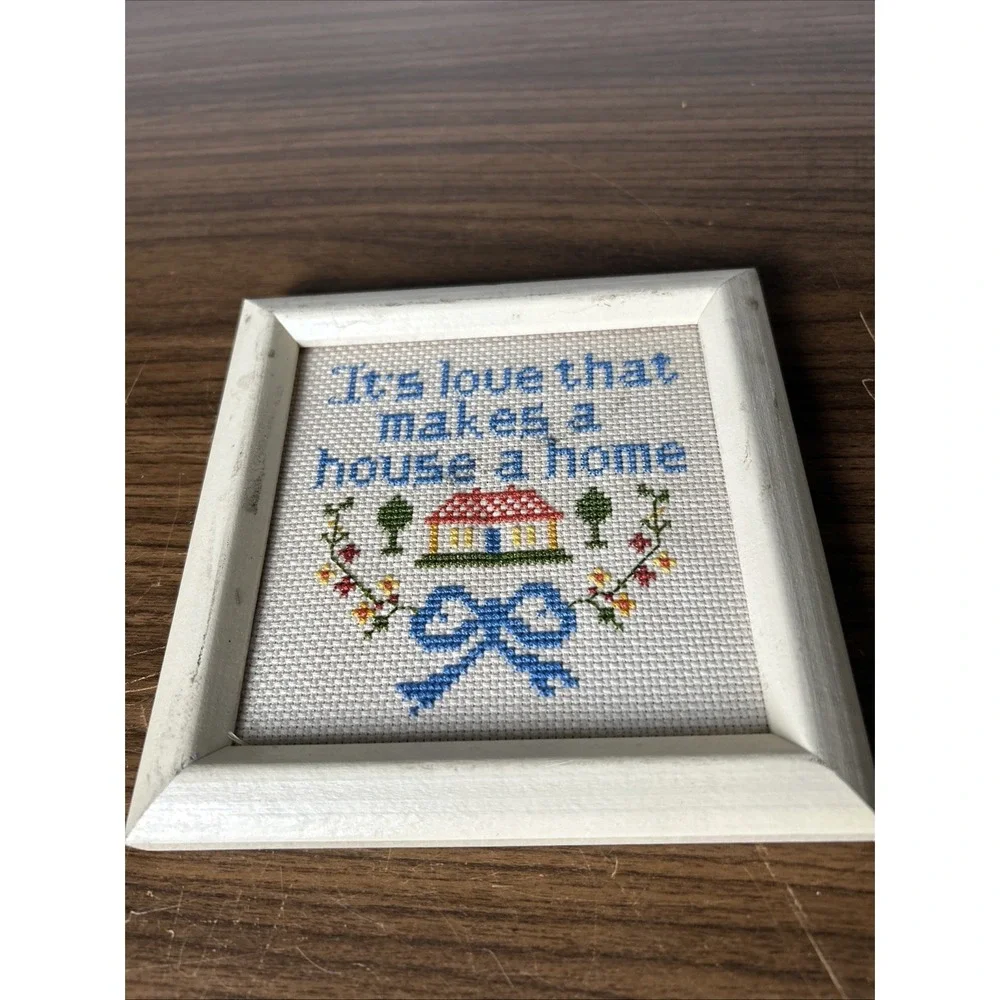 Vintage Framed Cross Stitch Its Love That Makes A House A Home Folk Art Decor